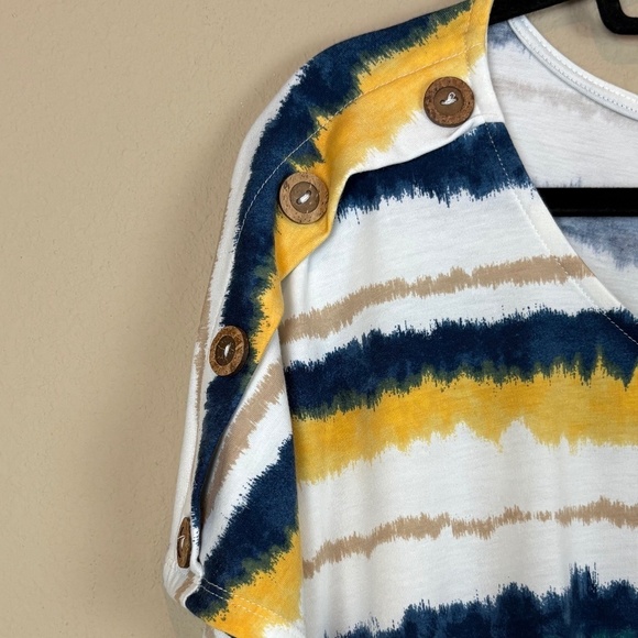 NWT Truself Blue/Yellow/Green/White Striped Short Sleeve Crewneck Pullover Top - Picture 2 of 8